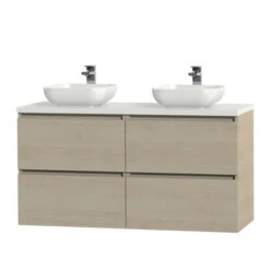 Tiger Karlo Badkamermeubelset 120 Cm Naturel Eik Met Wit Houten Wasblad En Glanzend Witte Keramische Waskom