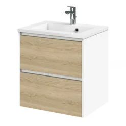 Tiger Reverse Meubelset 60 Cm Met 2 Lades Naturel Eik / Mat Wit Inclusief Quadro Wastafel Hoogglans Wit