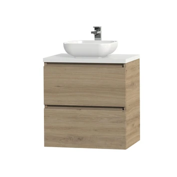 Tiger Karlo Badkamermeubelset 60 Cm Chalet Eik Met Wit Houten Wasblad En Glanzend Witte Keramische Waskom