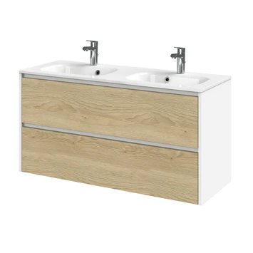 Tiger Reverse Meubelset 120 Cm Met 2 Lades Naturel Eik / Mat Wit Inclusief Oval Wastafel Dubbel Hoogglans Wit