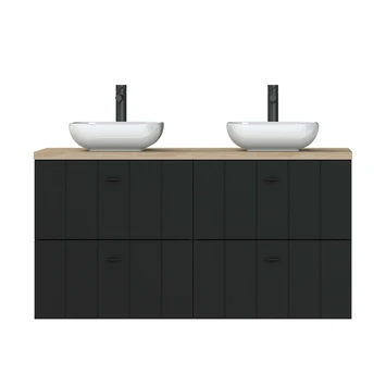 Tiger Maryport Badkamermeubelset 120 Cm Mat Zwart Met Licht Eiken Houten Wasblad, Keramische Opzetkommen En Matzwarte Grepen - Afbeelding 4