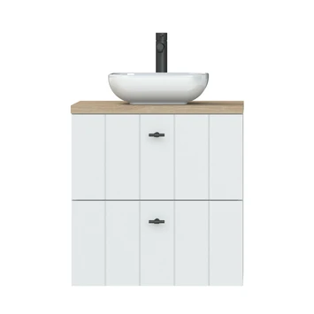 Tiger Maryport Badkamermeubelset 60 Cm Mat Wit Met Licht Eiken Wasblad, Witte Keramische Opzetkom En Matzwarte Grepen - Afbeelding 6