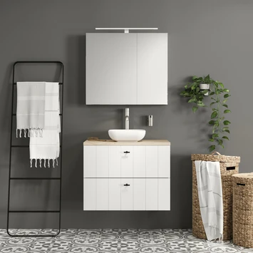 Tiger Maryport Badkamermeubelset 60 Cm Mat Wit Met Licht Eiken Wasblad, Witte Keramische Opzetkom En Matzwarte Grepen - Afbeelding 12