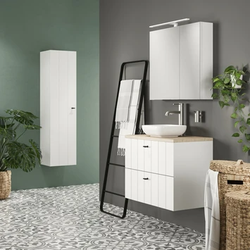 Tiger Maryport Badkamermeubelset 60 Cm Mat Wit Met Licht Eiken Wasblad, Witte Keramische Opzetkom En Matzwarte Grepen - Afbeelding 13